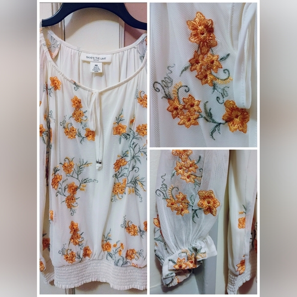Skye's the Limit Tops - ⭐ Skye’s The Limit Petite Embroidered Blouse – PS – White Mesh Floral
